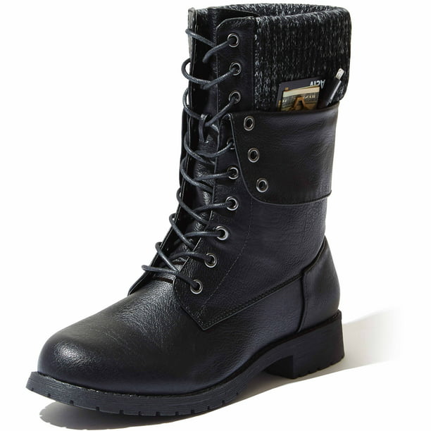 Womens Ankle Boots Combat Fold Over Fleece Cuff Lace Up Chunky High Heel Black